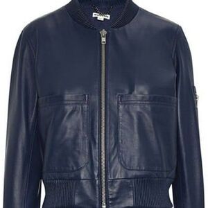 WHISTLES Blue Leather Bomber Jacket Medium
